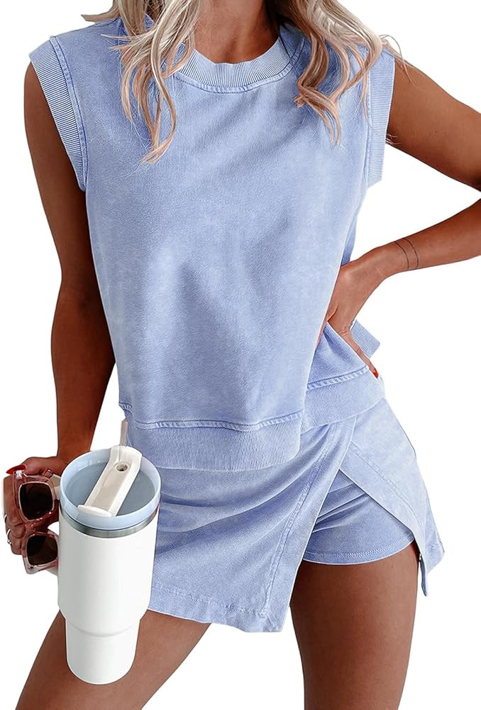 miduo Womens Summer 2 Piece Lounge Sets Mineral Wash Cotton Tank Top Lined Split Skirt Set | Amazon (US)