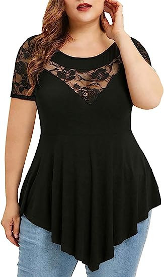 Chvity Womens Plus Size Tops O-Neck Asymmetric Short Sleeve Tunics Lace Blouse Shirts for Summer ... | Amazon (US)