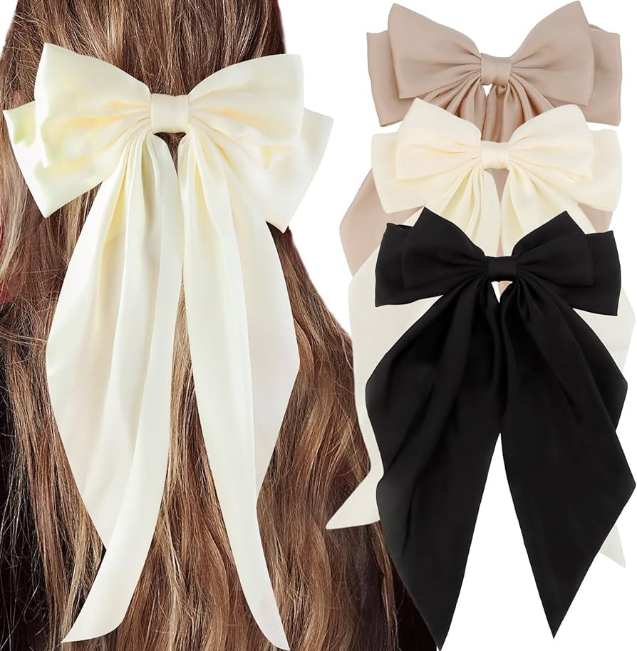 3Pcs Silky Satin Hair Bows for Women, Large Hair Barrettes with Long Tails, French Cute Hair Clip... | Amazon (US)