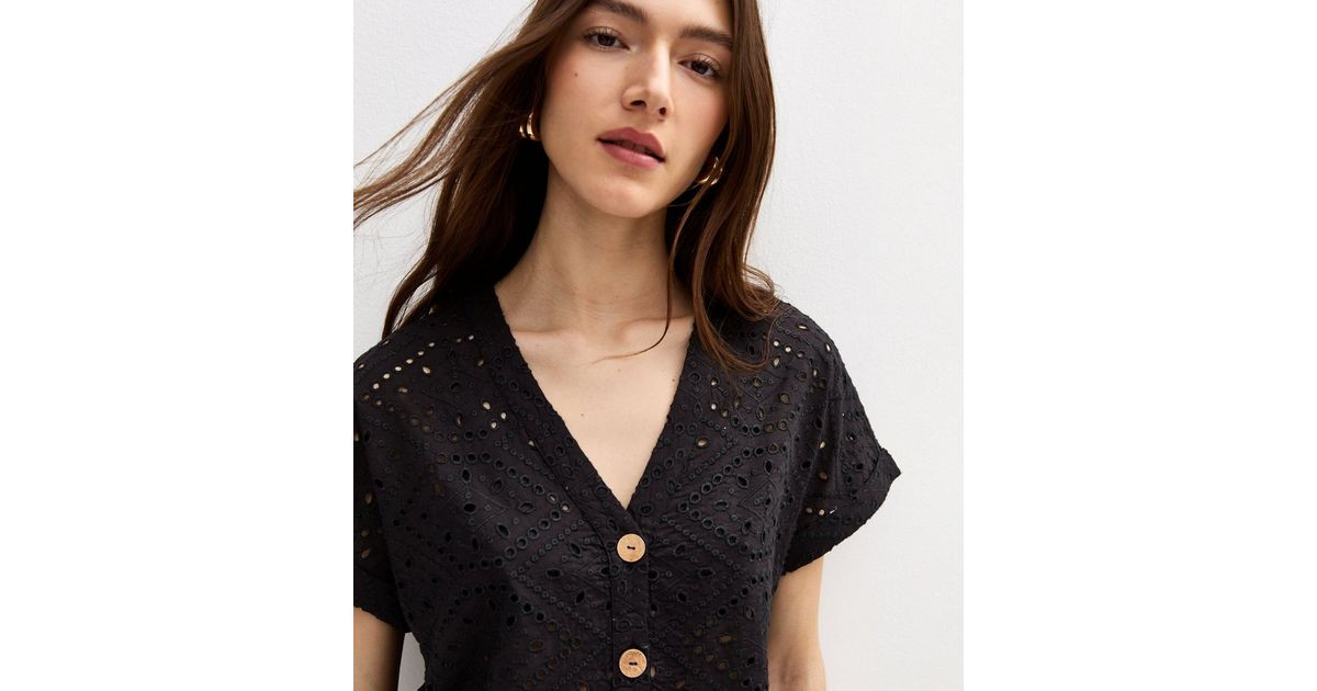 Black Broderie Anglaise Short Sleeve Shirt | New Look | New Look (UK)