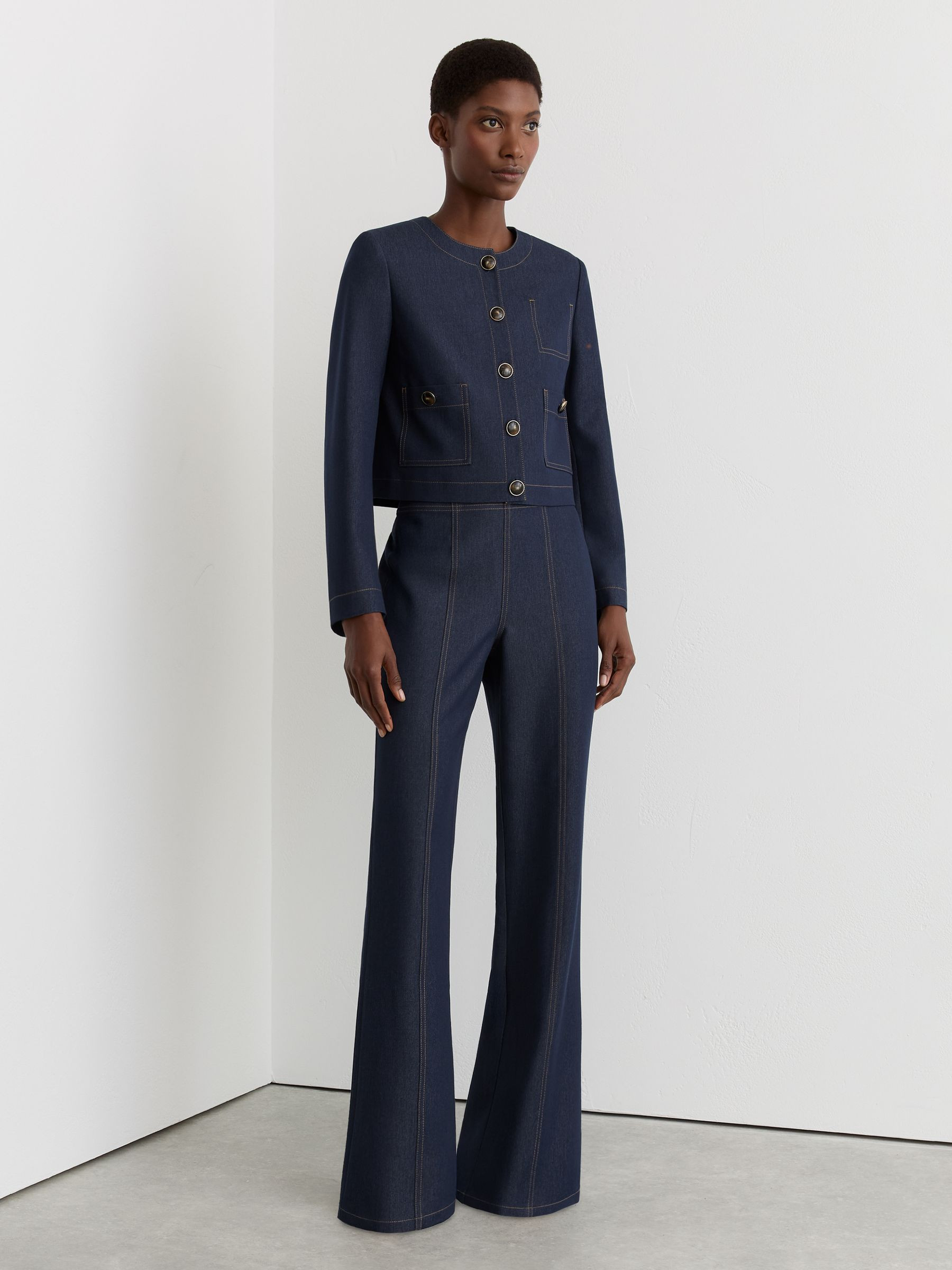 Reiss Collarless Denim-Look Cropped Jacket in Dark Blue | REISS | Reiss US