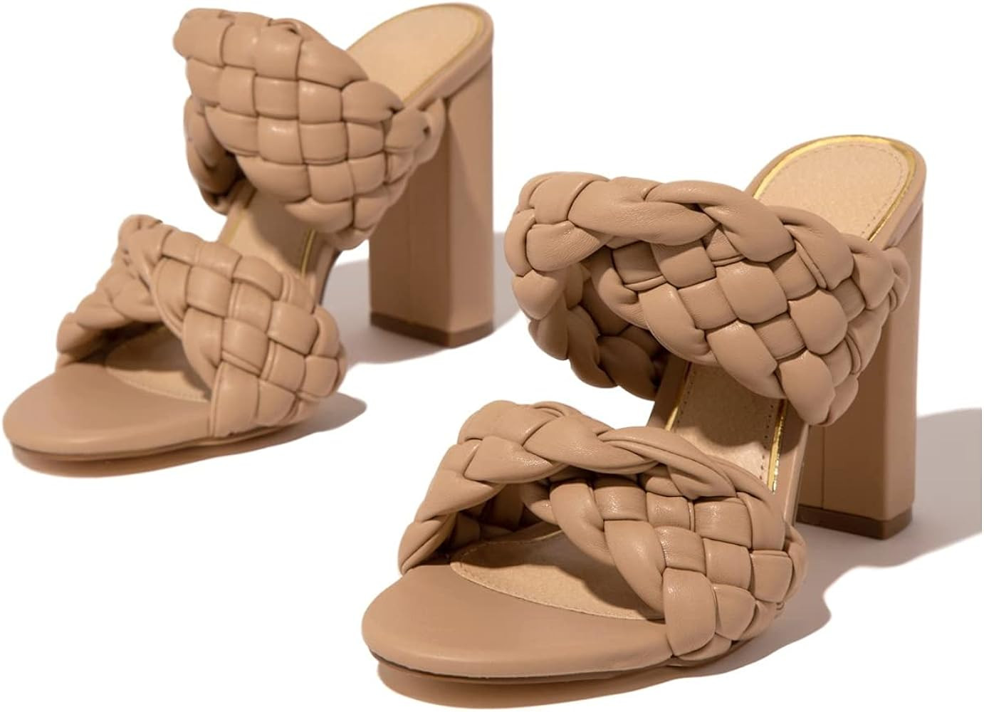 Womens Braided Heeled Sandals High Chunky Backless Slip On Round Open Toe Slide Strappy Shoes | Amazon (US)