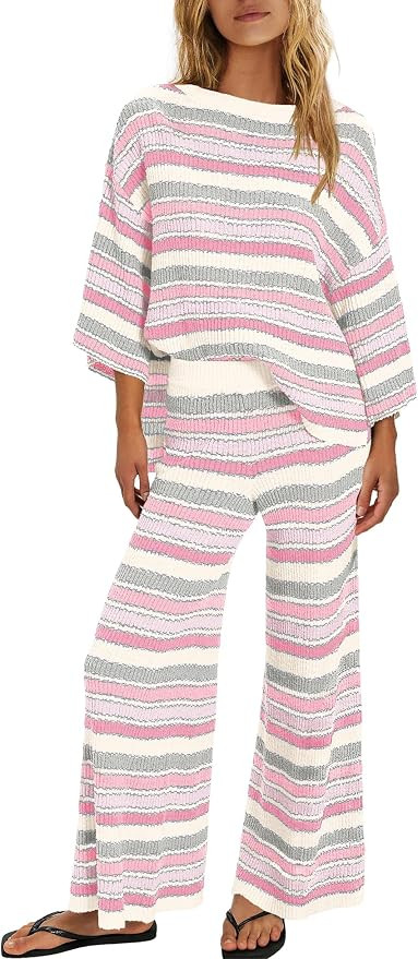 ReachMe Womens Oversized Striped 2 Piece Sets Sweater and Wide Leg Pants with Pockets Pajama Loun... | Amazon (US)