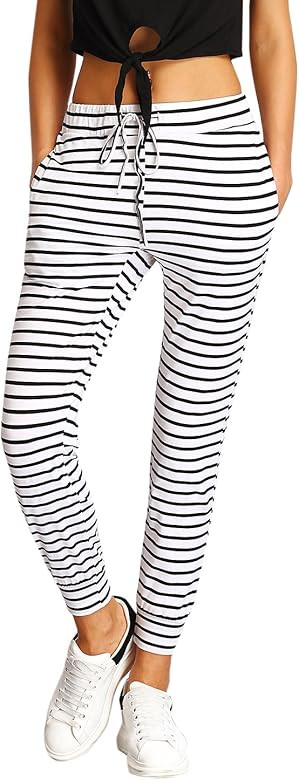 SweatyRocks Women's Striped Sweatpants Drawstring Waist Long Workout Yoga Active Pants Grey | Amazon (US)