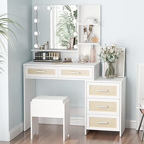 Maupvit Rattan Vanity Desk with Mirror and Lights, Boho Makeup Vanity Table Set with Nightstand, 5 Drawers & 10 Bulbs, Metal Silver Handle, 3 Open Shelves, Dressing Table with Cushioned Stool (White) | Amazon (US)