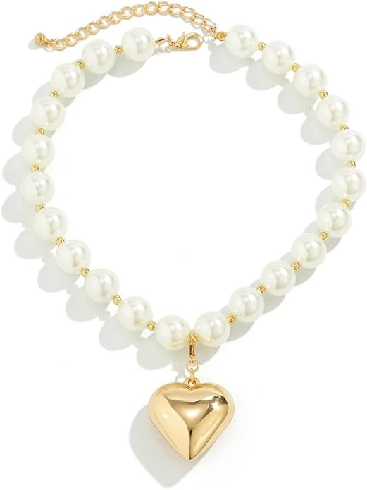 Y2k Heart Pendant Pearl Bead Necklaces for Women Gold Chunky Heart Necklace Pearl Beads Choker Tr... | Amazon (US)