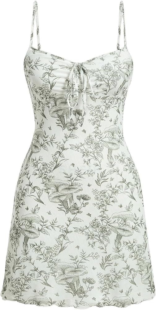 Milumia Women's Floral Print Tie Front Spaghetti Strap Cami Dress V Neck Flare Mini Sun Dresses | Amazon (US)
