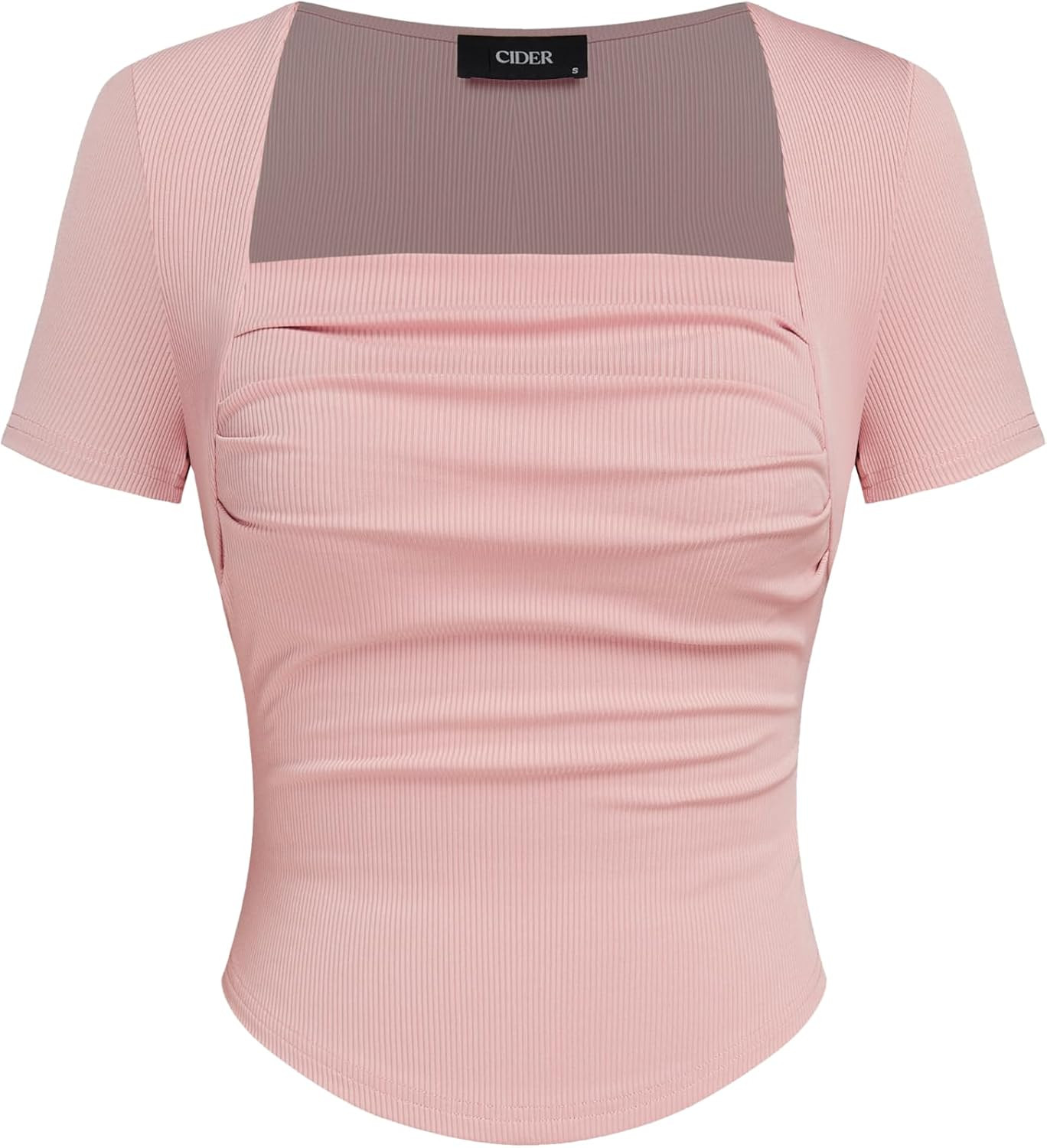 CIDER Square Neck Tops for Women Ruched Short Sleeve Slim Fitted Tee Basic T Shirt Square Neck Going Out Tops | Amazon (US)