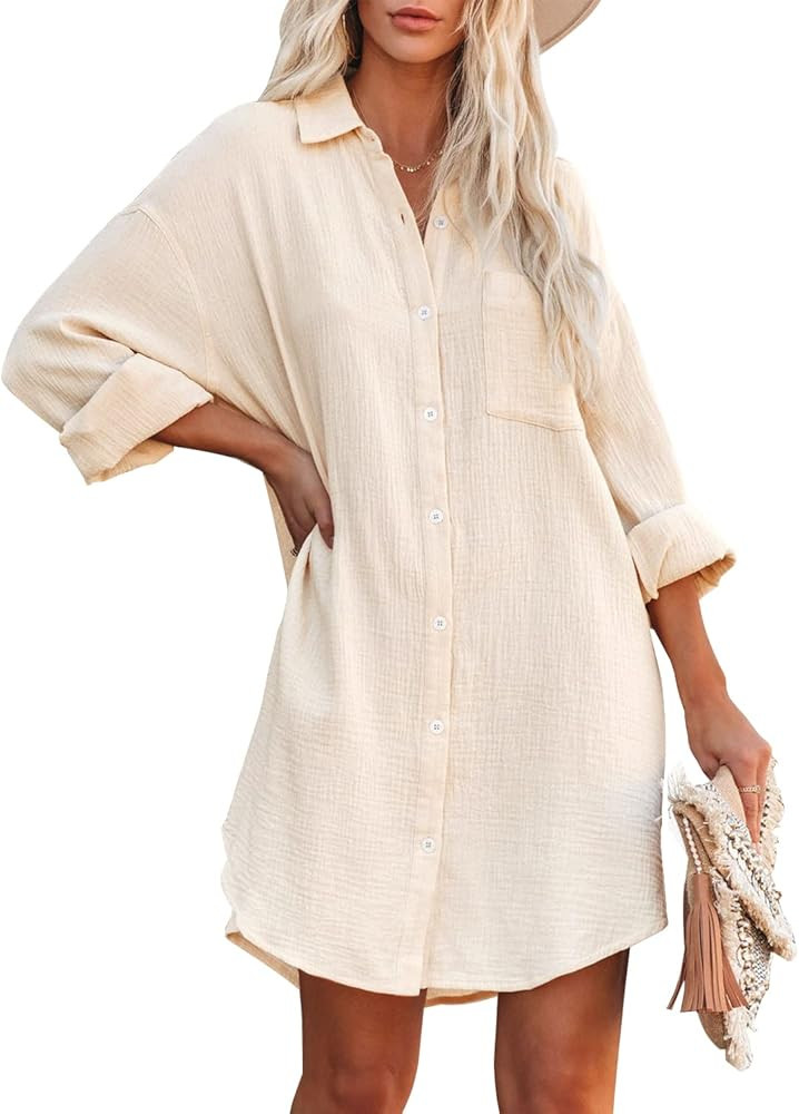 Nirovien Womens Oversized Beach Cover Up Button Down Shirt Dress Bathing Suit Beachwear Swimsuit ... | Amazon (US)
