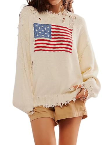 Women American Flag Graphic Casual Loose Sweater USA Flag Ripped Long Sleeve Crew Neck Knit Pullover Top (Light Yellow, L) | Amazon (US)