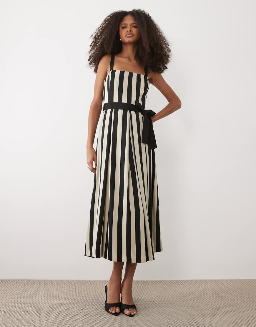 Mango square neck pleated midi dress in black and cream stripes | ASOS (Global)