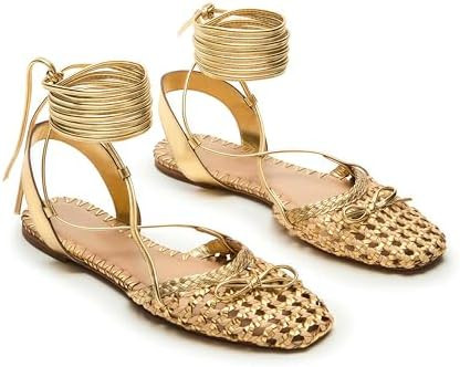 Woven Ballet Flats for Women Lace Up Closed Square Toe Summer Sandals Dressy Shoes | Amazon (US)