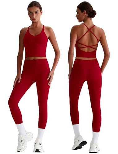 QBGJTD Womens Workout Sets Two Piece Spaghetti Strap Cross Back Tank Top Matching Tummy Control Leggings Set 2 Piece for Women Gym Yoga Active Wear Pilates Outfits Athletic Work Out Set Burgundy XS | Amazon (US)