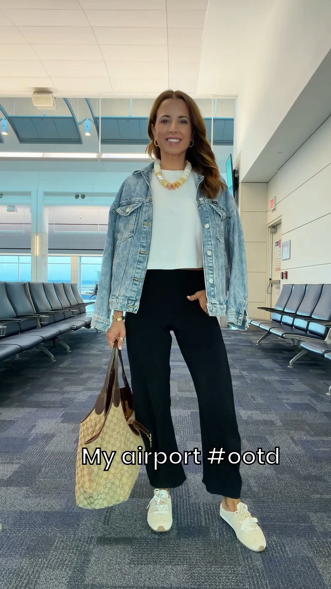 My travel outfit of the day! Airport outfit. Everyday outfit. Casual outfit. Ruti on the loose pants in size 0 standard (comes in petite and long, too). Code WELCOME45 on first time purchases. Wrinkle-free fabric! Will link Amazon alternative, too. Lululemon crop tee in XXS (doesn’t show any skin on me). Wrangler girlfriend denim jacket in XS. Alo mule sneakers are TTS and so comfy! Gucci mercato tote in size large.

#LTKootd #LTKTravel #LTKPetite