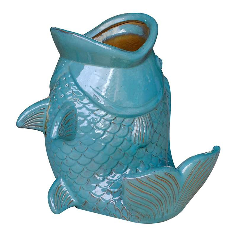 Teal Fish Ceramic Outdoor Planter, 13" | At Home