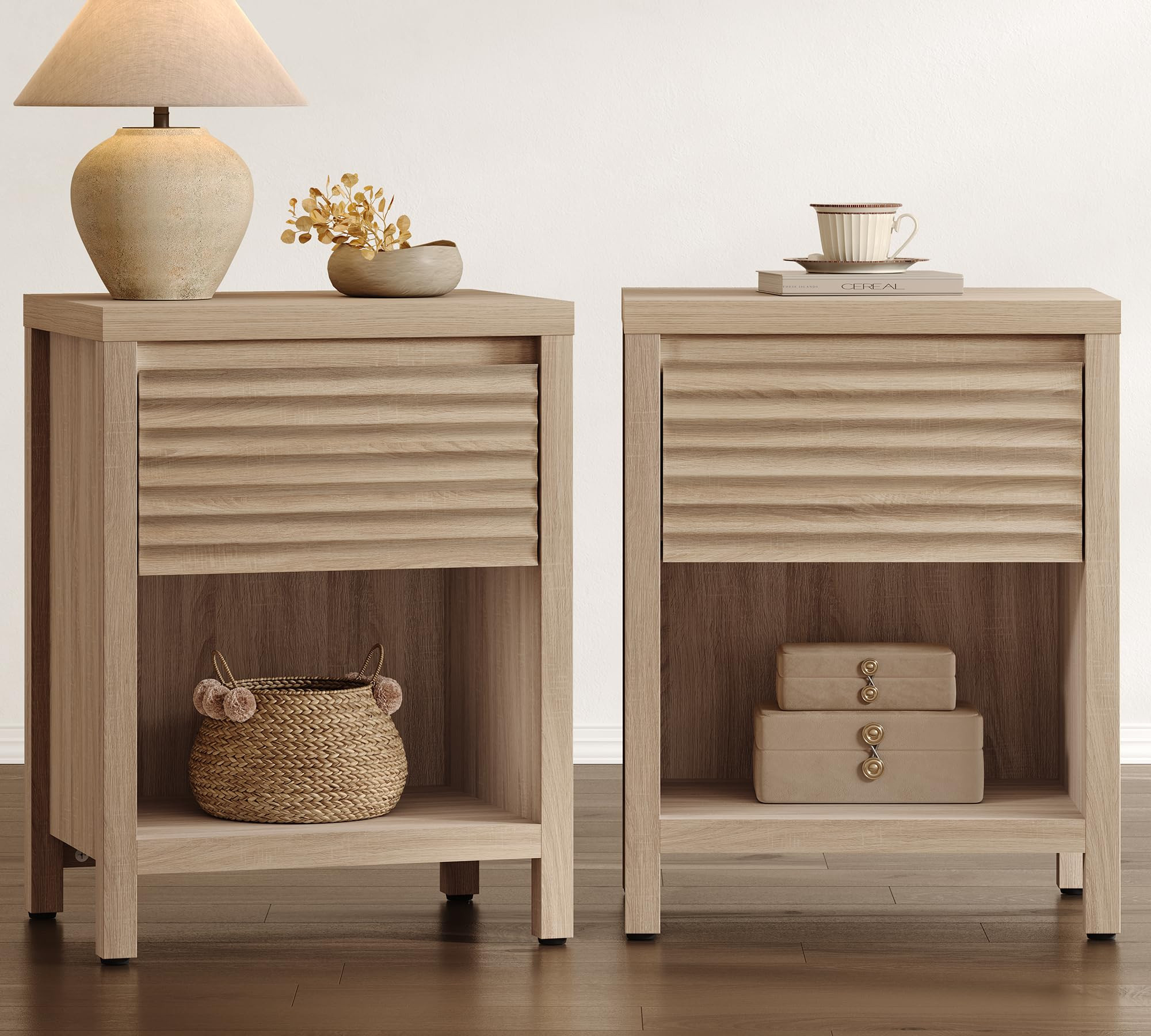 SICOTAS Fluted Nightstands Set of 2-19.6" Wide Wooden Night Stand with Drawer and Storage Shelf, ... | Amazon (US)