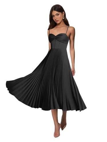 Tea Length Pleated Bridesmaid Dresses for Women Satin A Line Midi Sleeveless Formal Party Gowns | Amazon (US)