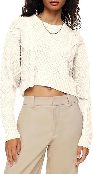 Langwyqu Womens Cropped Crewneck Sweaters Cable Knit Long Sleeve Chunky Casual Loose Pullover Jum... | Amazon (US)