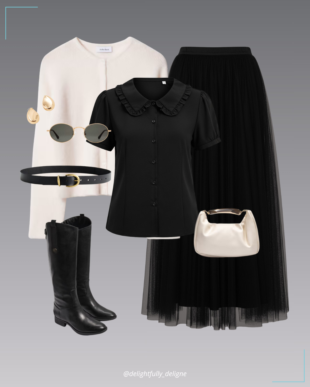 Modern Equestrian 🖤 Alpaca-blend knit cardigan, Peter Pan–collar blouse, tulle maxi skirt, riding boots, classic leather belt, gold-handle handbag, polarized sunnies & teardrop stud earrings.  

 #LTKOver40 #LTKStyleTip #LTKWorkwear