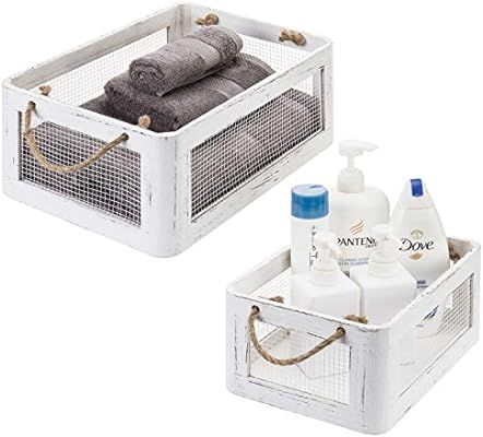 MyGift Vintage White Wood & Metal Wire Storage Crates with Rope Handles | Amazon (US)