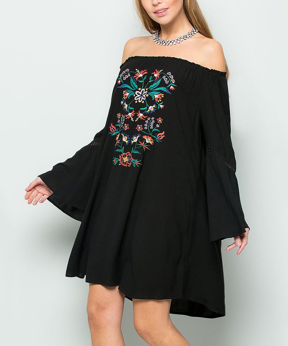 Avenue Hill Women's Casual Dresses BLACK - Black Embroidered Bell-Sleeve Shift Dress - Women | Zulily