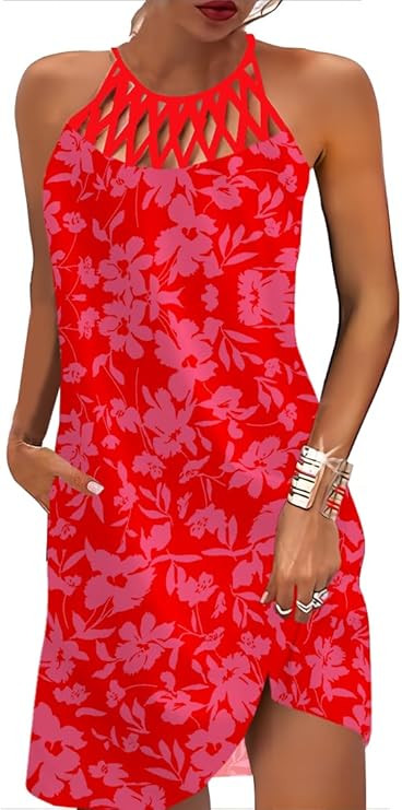 BIRW Summer Dresses for Women 2026 Casual Floral Halter Neck A-line Beach Vacation Sundresses | Amazon (US)