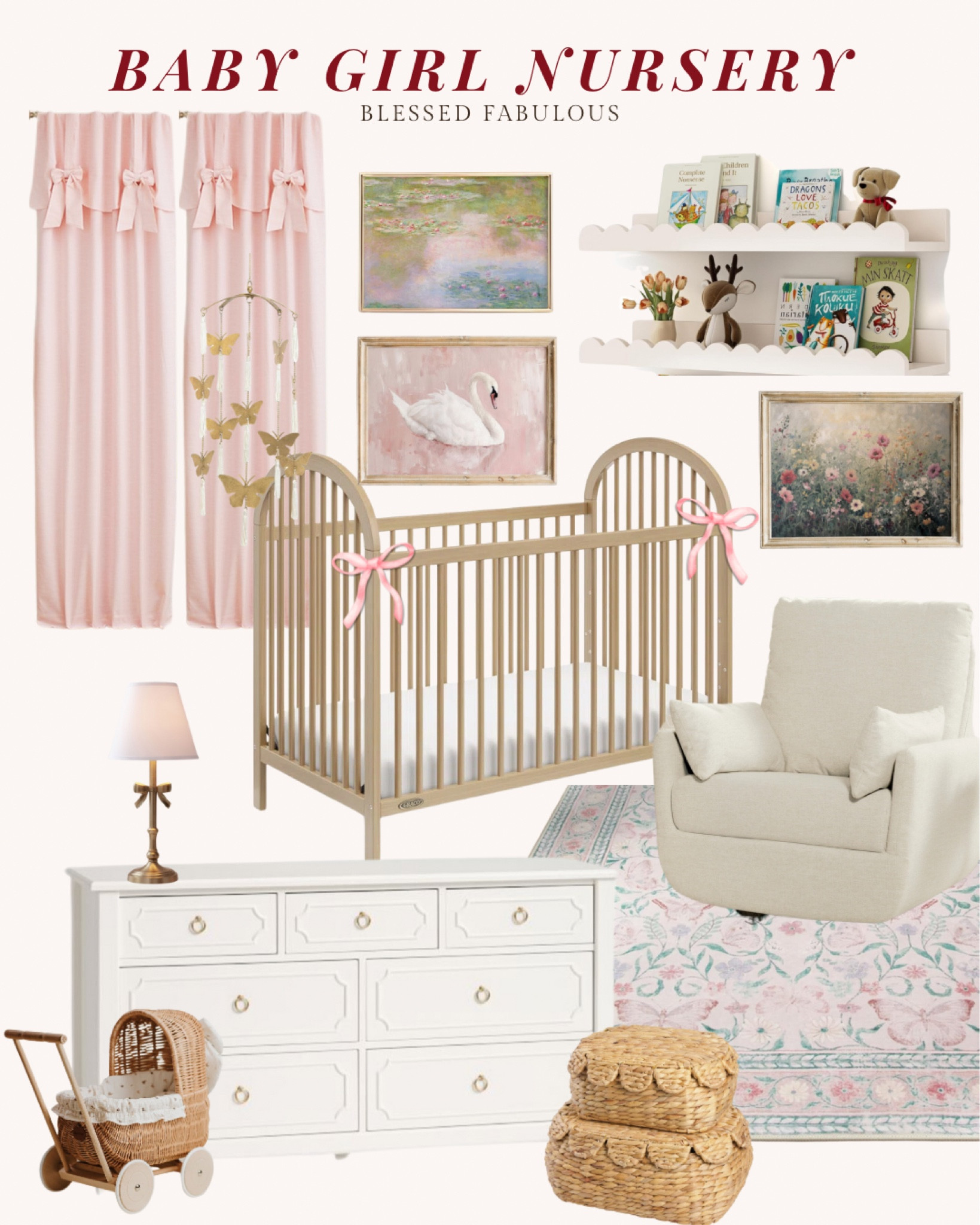 Baby girl nursery decor
Crib, floral pink rug, bows, vintage nursery decor, racket glider and recliner chair, pottery barn dresser, rattan wicker doll stroller pram, kids scalloped basket organizers, curtain drapes, shelving for kids room decor 

#LTKBaby #LTKHome #LTKKids