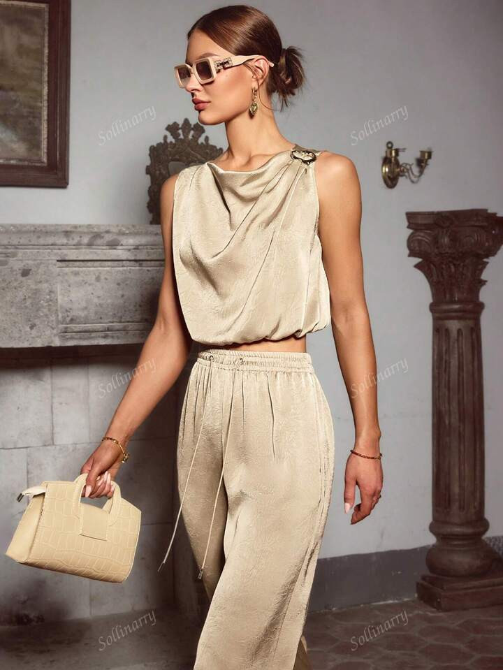 Women Summer New Sleeveless Mandarin Collar Metal Buckle Decor Top And Drawstring Tie Waist Long ... | SHEIN