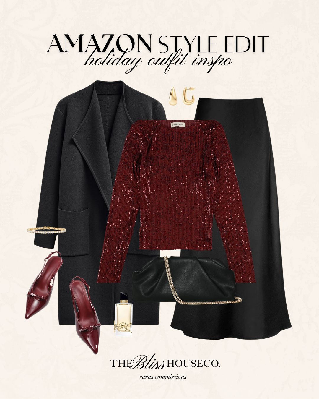Amazon holiday outfit inspo ✨ holiday party event, Christmas party, satin skirt, sequin top, burgundy and black, styled outfit, winter fashion, Amazon fashion. 

 #LTKHoliday #LTKootd #LTKFindsUnder50
