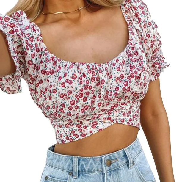 KZKR Women's Tank Top Ruffle Short Sleeve T-shirt Tie Up Back Crop Top Off Shoulder Blouse | Walmart (US)