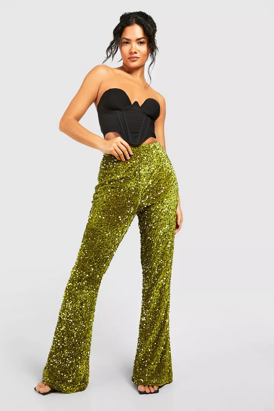 Fluwelen Flared High Waist Broek Met Pailletten | Boohoo.com (NL)
