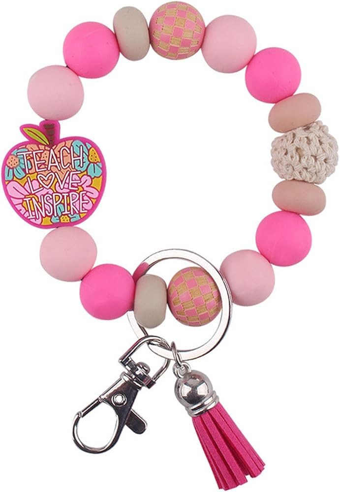 Wristlet Bracelet Keychain for Teacher's Day, Apple TEACH Silicone Beaded Keychain for Teacher,Gi... | Amazon (US)
