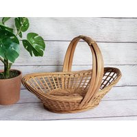 Vintage Beige Oblong Handbasket, Cleaned Small Boat Shape Wide Woven Wicker Basket With Handle, Boho | Etsy (US)