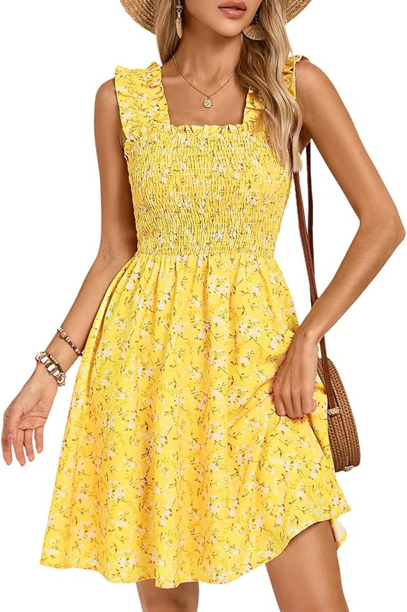 Kate Kasin Women's Summer Casual Dress Sleeveless Floral Flowy Smocked A-line Sundress Boho Mini ... | Amazon (US)