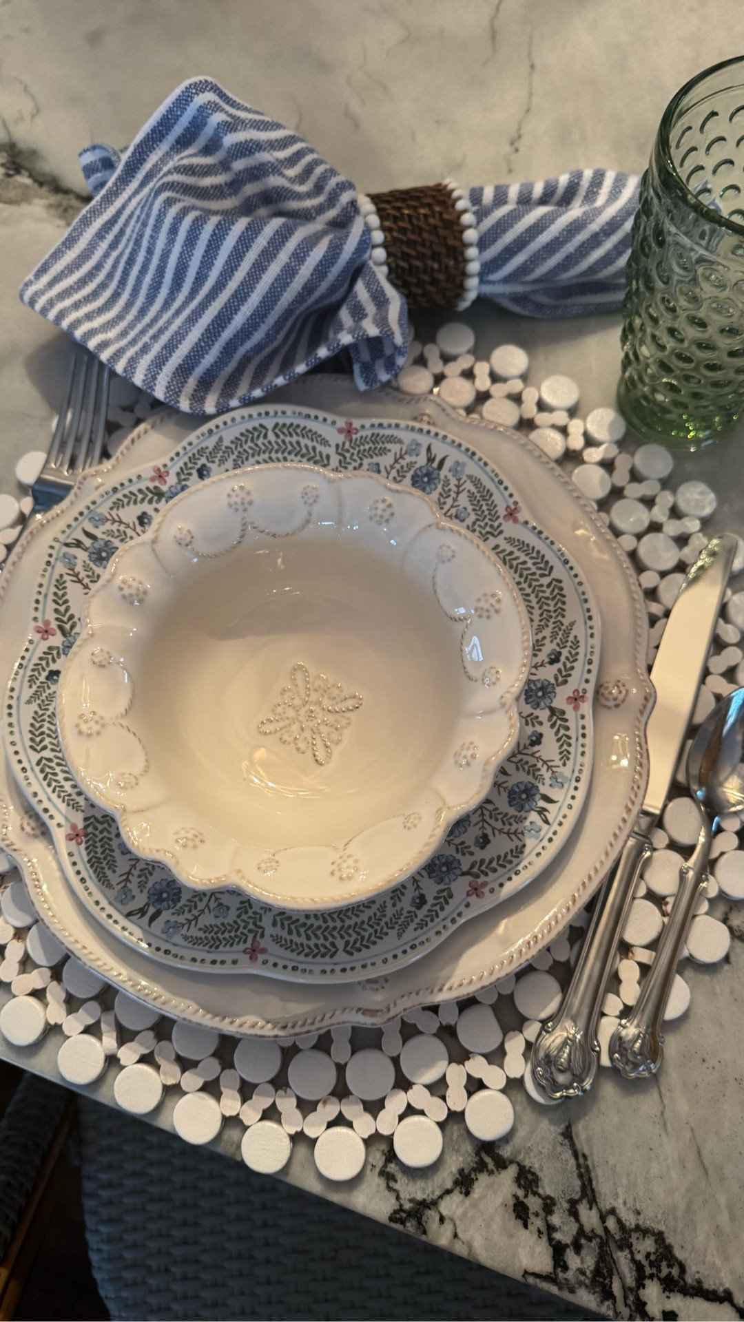 Finally put together a place setting I love!! 
Here are the details-
1.) Juliska Berry & Thread Plates and Bowls
2.) Wayfair Napolean Bee Flatware
3.) Wayfair Martha Stewart Glasses
4.) Juliska Villa Seville Salad and Dessert Plates
5.) Pottery Barn Tava Shell Napkin Ring (similar)
6.) Serena & Lily Marais Napkins (similar)
7.) Serena & Lily Riviera Bar & Counter Stools

Have linked a few other Juliska items and other accessories in this post!!

#LTKHome #LTKOver40