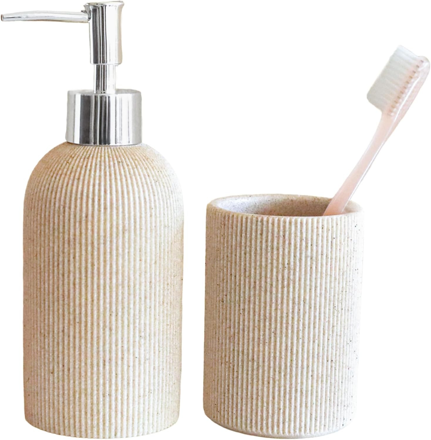 Boho Beige Bathroom Bundle: Elegant 7oz Hand Soap Dispenser & Small Toothbrush Holder, Modern Far... | Amazon (US)