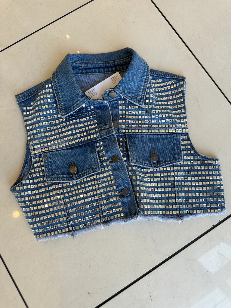 NEW!! Cropped Rhinestone Denim Vest | Glitzy Bella