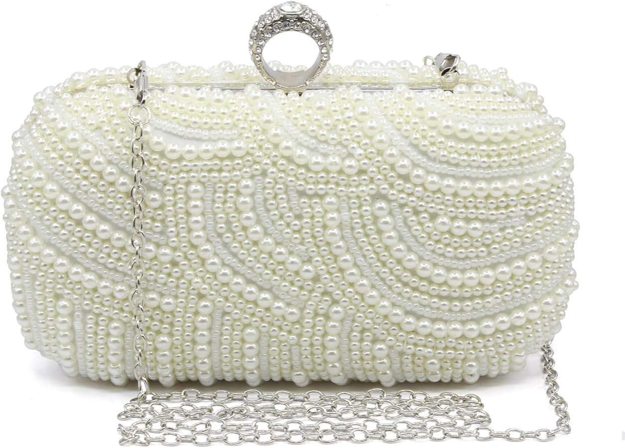 Aovtero Pearl Clutch Bag Bride Purse Women Wedding Prom Evening Bags Full Beaded Handbag with Cha... | Amazon (US)