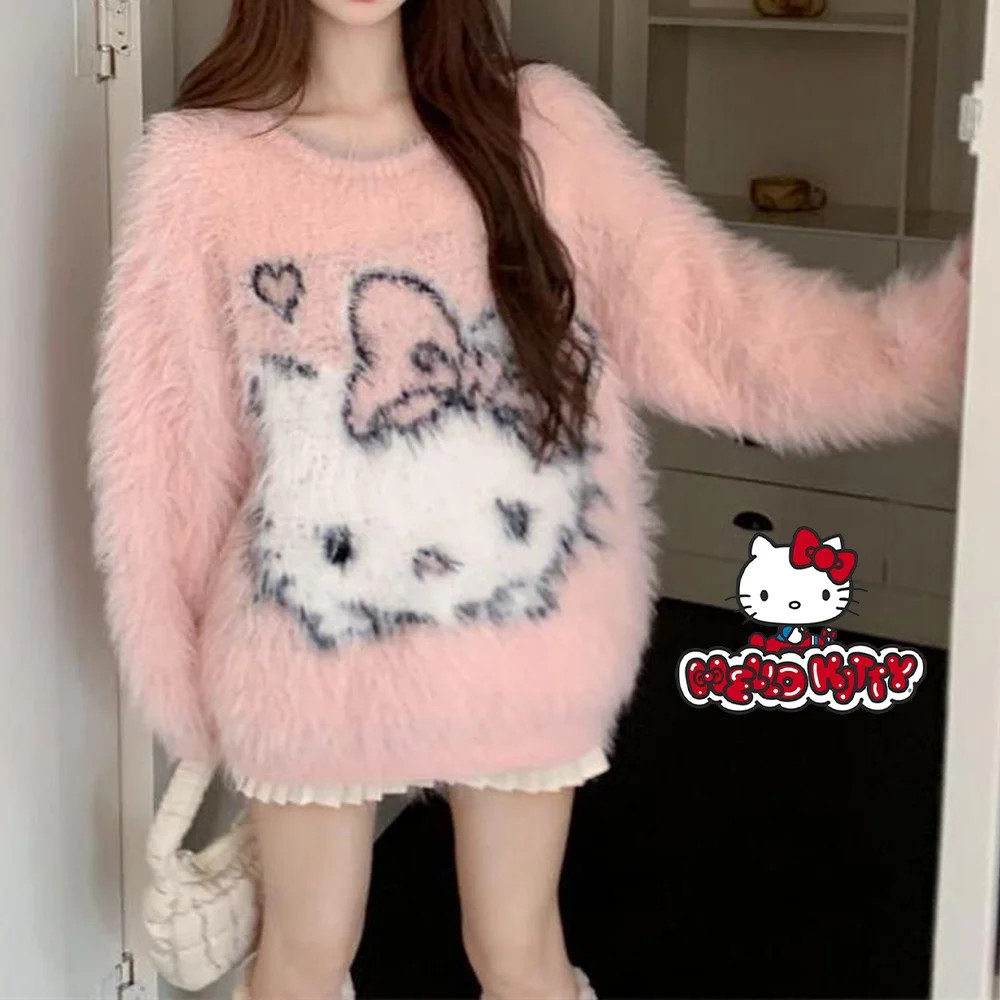 Hello Kitty Sanrio Soft Pullover Cartoon Autumn Winter Sweet Loose Sweaters Korean Cute Pink Knit... | Walmart (US)