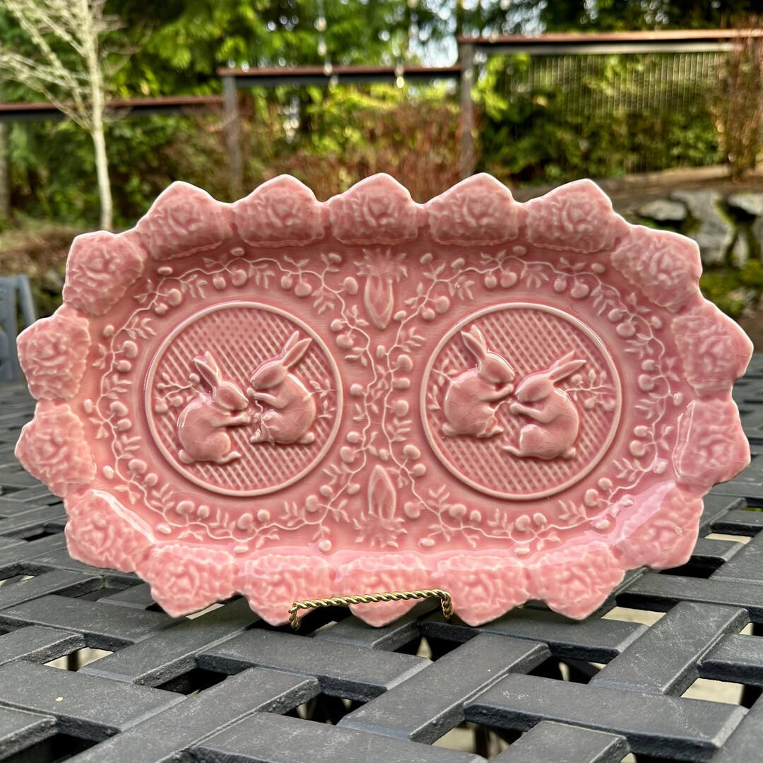 Vintage Bordallo Pinheiro Ceramic Pink Bunny Rabbit Large Sandwich Tray Platter, Portugal | Etsy (US)