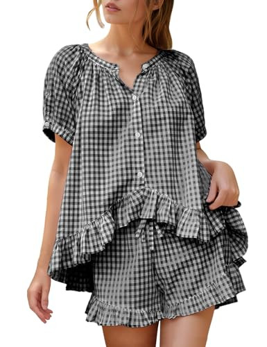 Flygo Womens Gingham Pajamas Set 2 Piece Cotton Pj Lounge Sets Puff Sleeve Ruffle Babydoll Shirt ... | Amazon (US)