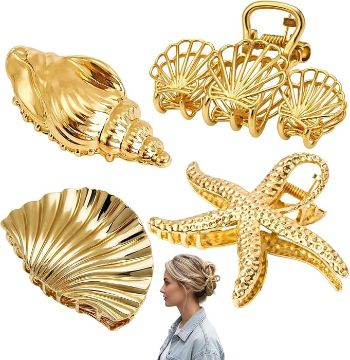 4 Pcs Seashell Claw Clip, Beach Hair Accessories for Women, Starfish Hair Clip for Summer, Shell ... | Amazon (US)
