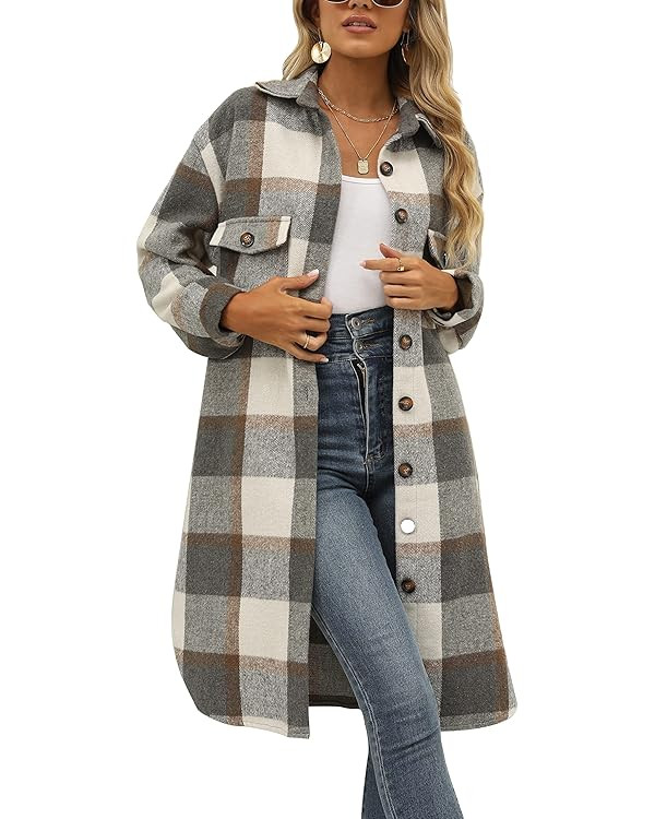 SeekMe Women's Long Plaid Shirt Jacket Shacket Lapel Button Down Woolen Blend Casual Tartan Over ... | Amazon (US)