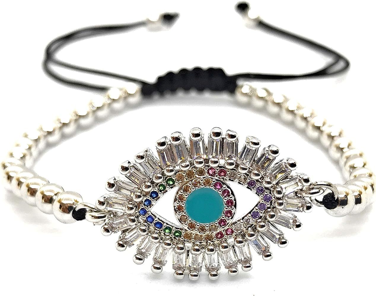 Amazon.com: LESLIE BOULES Silver Evil Eye String Bracelet Adjustable 6"- 8" Protection Jewelry: C... | Amazon (US)