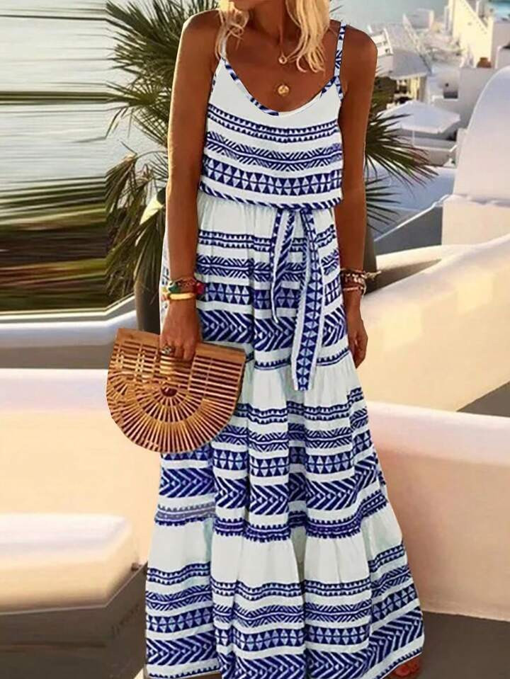 Damesjurk met geometrische print en spaghettibandjes voor vakantie en vrijetijdskleding | SHEIN