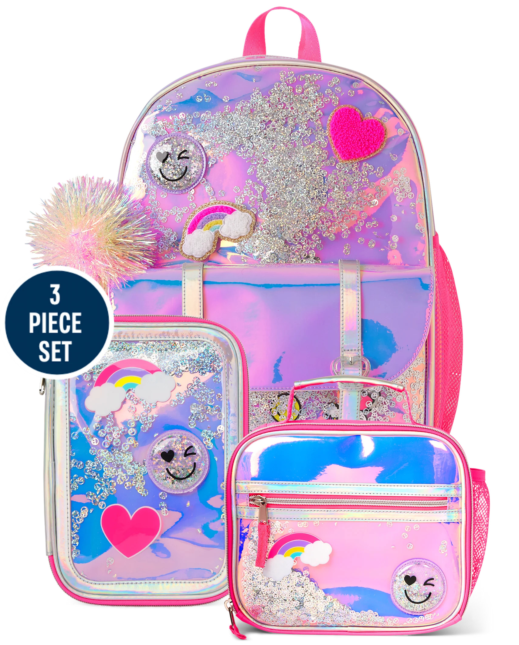 Girls Holographic Shakey Happy Face Backpack 3-Piece Set - holographic | The Children's Place