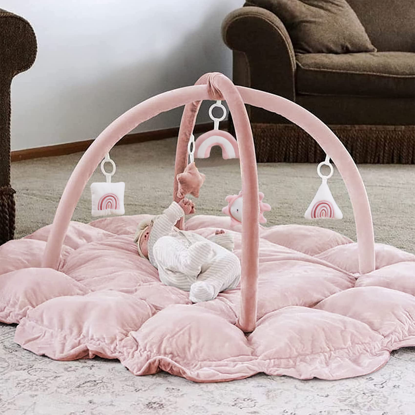 5-in-1 Thick & Plush Baby Play Gym, Baby Play Mats for Floor, Tummy Time Mat with 6 Toys, Cat Bed... | Amazon (US)