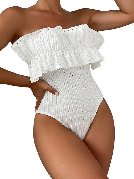 MakeMeChic Women's Ruffle Trim Eyelet Bandeau One Piece Swimsuit Tube Bathing Suit with Straps | Amazon (US)