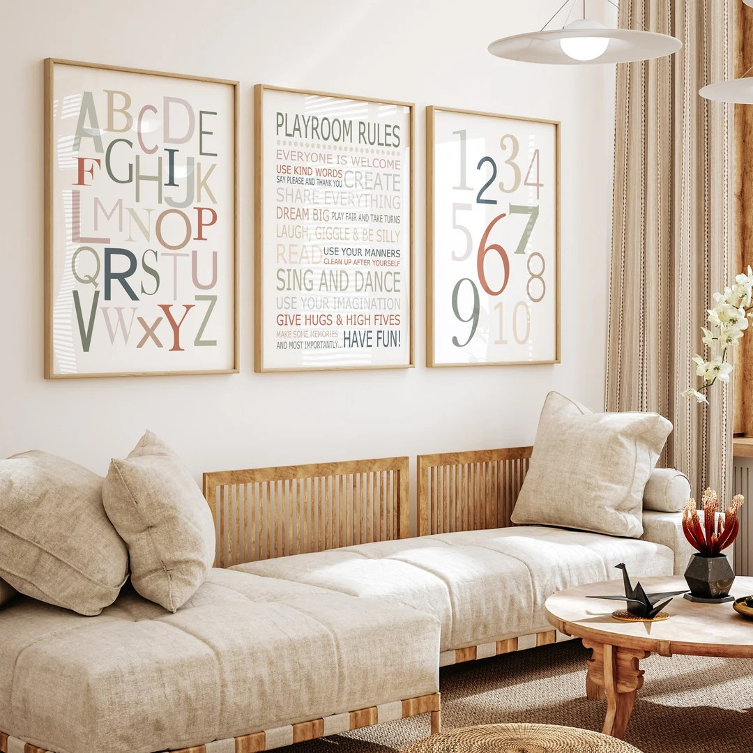 Earthy Playroom Decor, Muted Play Room Wall Art, Earth Tone Playroom Rules Sign, Alphabet Numbers... | Etsy (US)