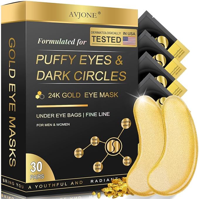 AVJONE 24K Gold Eye Mask- 30 Pairs - Puffy Eyes and Dark Circles Treatments – Relieve Pressure ... | Amazon (US)